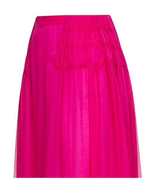 Dries Van Noten Pink Fuchsia Silk Muslin Long Ruffled Skirt