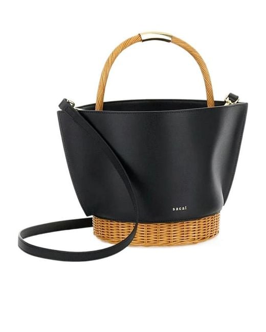 Sacai Black Logo Printed Woven Handle Bucket Bag