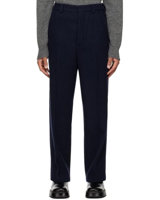 AMI Blue Straight-Leg Pleat-Detailed Trousers for men