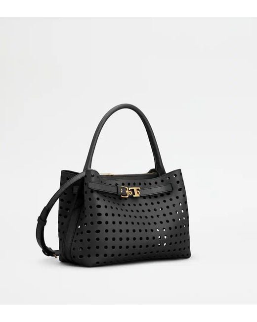 Tod's Black Perforated Buckled Leather Tote Bag