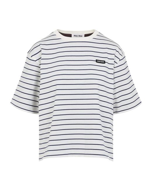Miu Miu White Striped Crewneck T-Shirt