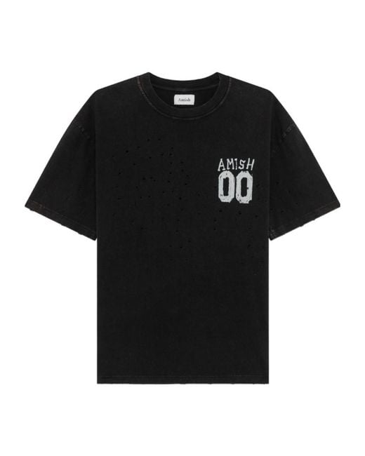 AMISH Black Laser Print Distressed T-Shirt for men