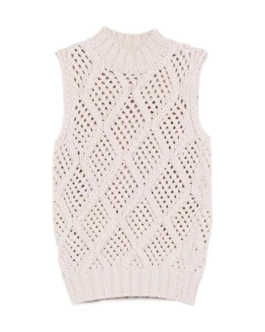 Eleventy White Cable-Knit Sleeveless Top
