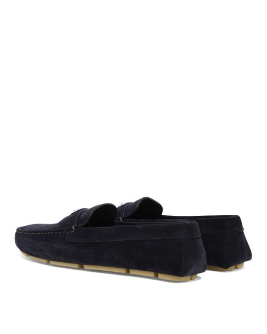 Prada Blue Enamel-Triangle-Logo Suede Loafers for men
