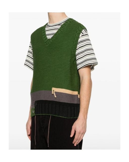 YMC Green V-Neck Colour-Block Vest for men