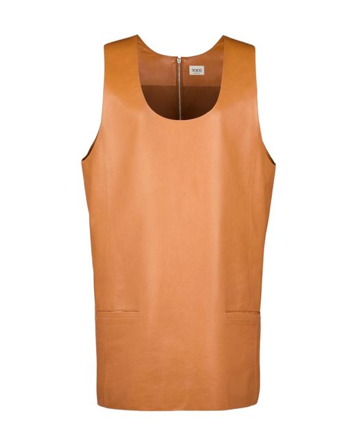Tod's Orange Scoop Neck Leather Dress