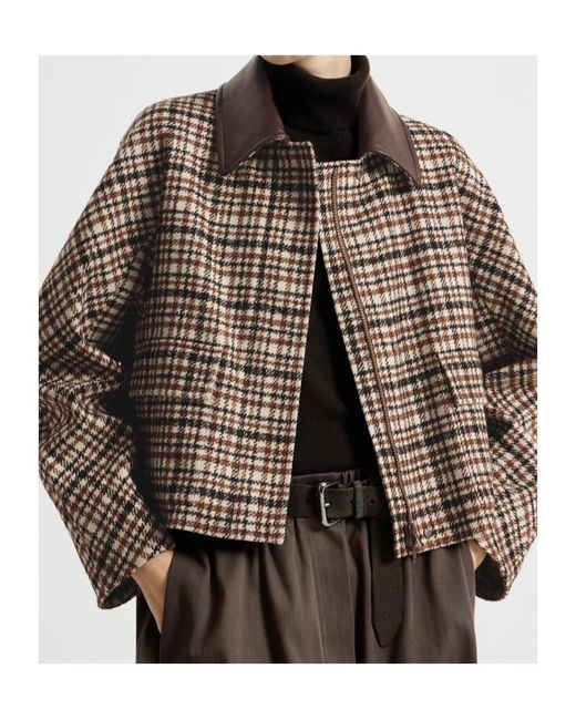 Brunello Cucinelli Brown Comfort Checked Wool And Alpaca Outerwear Jacket With Leather-Collar And Monili