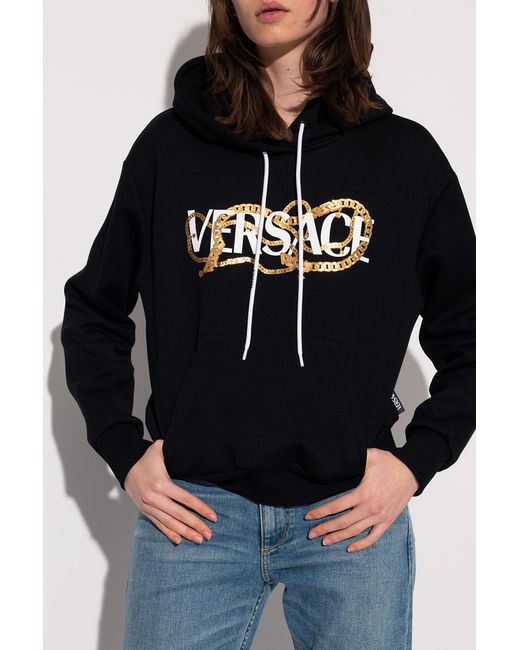 Versace Black Logo Print Drawstring Hoodie