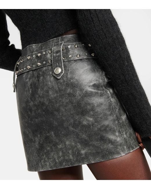Alessandra Rich Gray Belted Embellished Leather Miniskirt