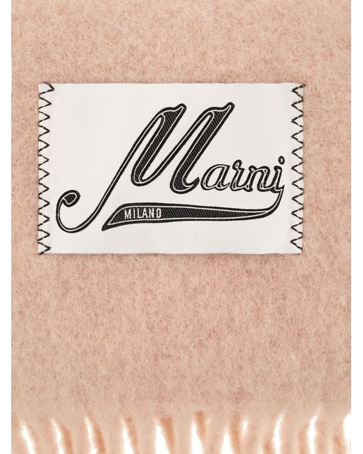 Marni Pink Logo Patch Fringed-Edge Scarf