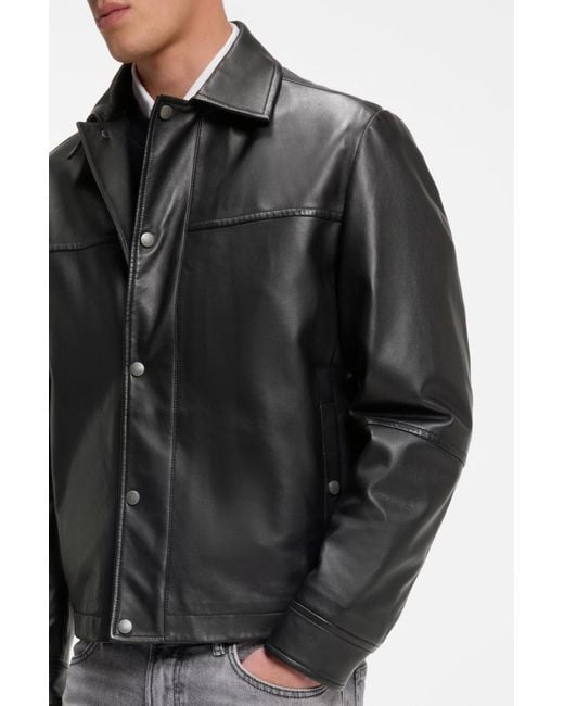 Boss Black Leather Press-Stud Jacket for men