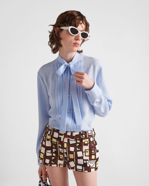 Prada Blue Jacquard Crepe De Chine Blouse