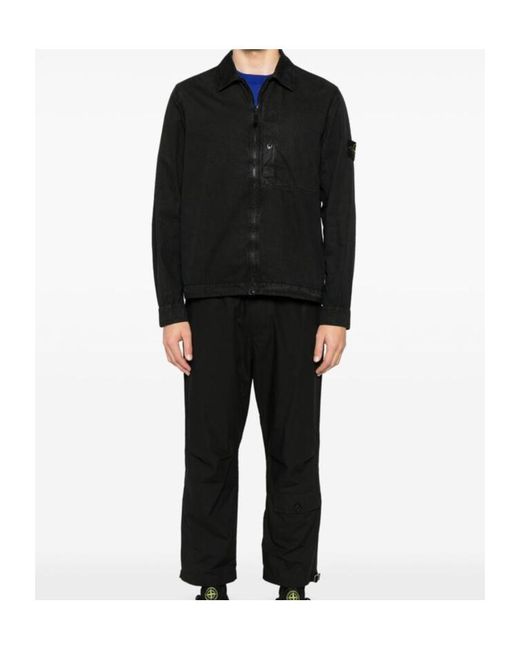 Stone Island Black Compass Patch Zip-Up Shirt Jacket for men