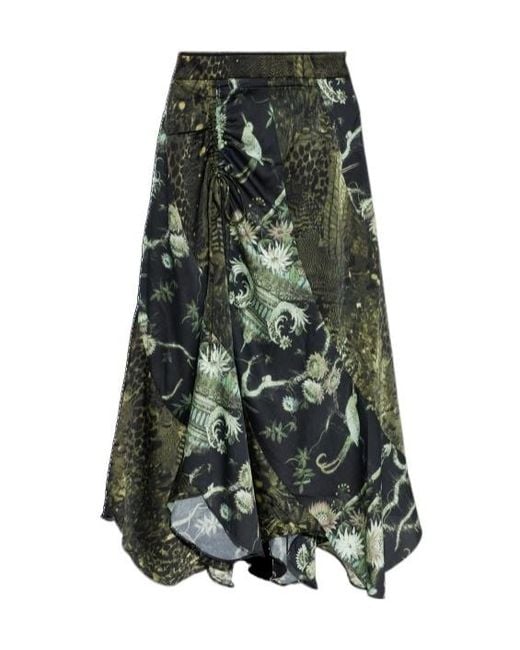 AllSaints Green Arleen Ruched Asymmetric Skirt