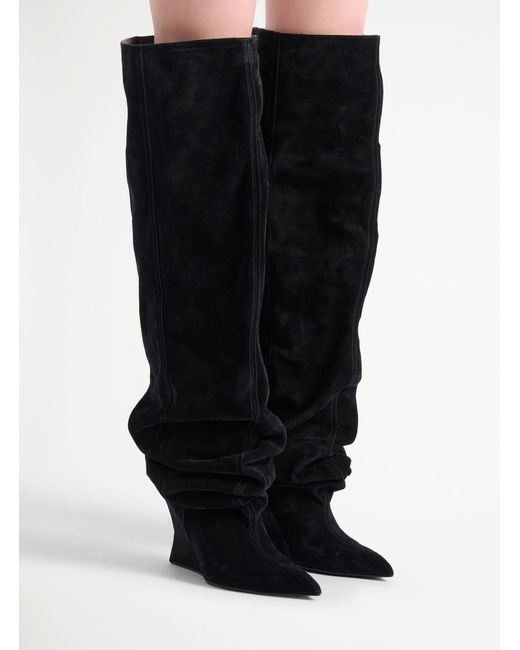 Balmain Black Suede Leather Wedge Thigh-High Boots
