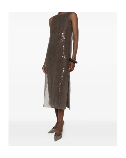 Brunello Cucinelli Brown Sequin-Embellished Sleeveless Midi Dress