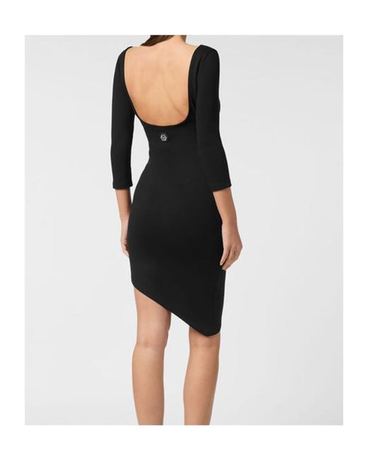Philipp Plein Black Three-Quarter Sleeve Asymmetric Dress