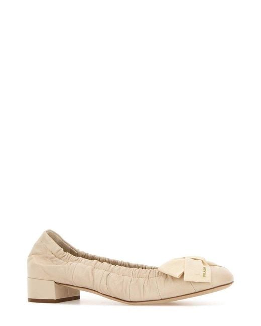 Prada Natural Bow-Detailed Block-Heeled Ballerinas