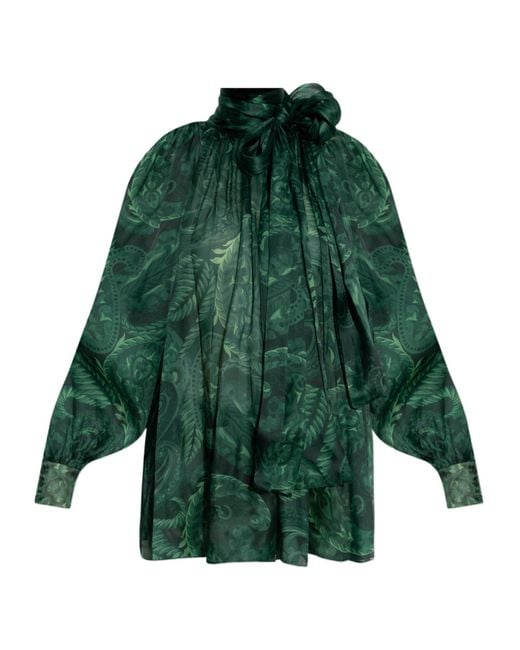 Etro Green All-Over Patterned Bow Detailed Blouse
