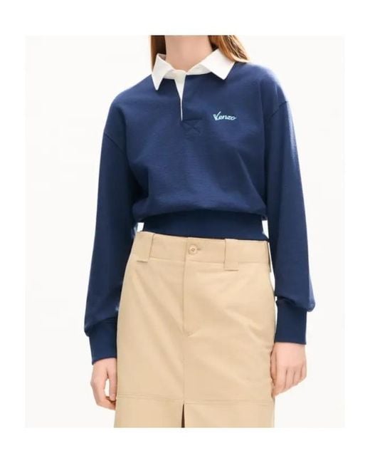 KENZO Blue Varsity Embroidered Long Sleeve Polo Shirt