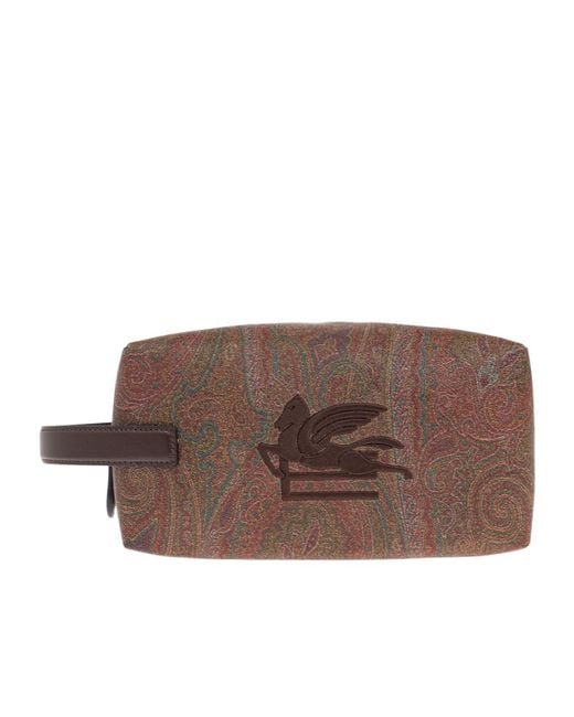 Etro Brown Embroidered-Logo Wash Bag for men