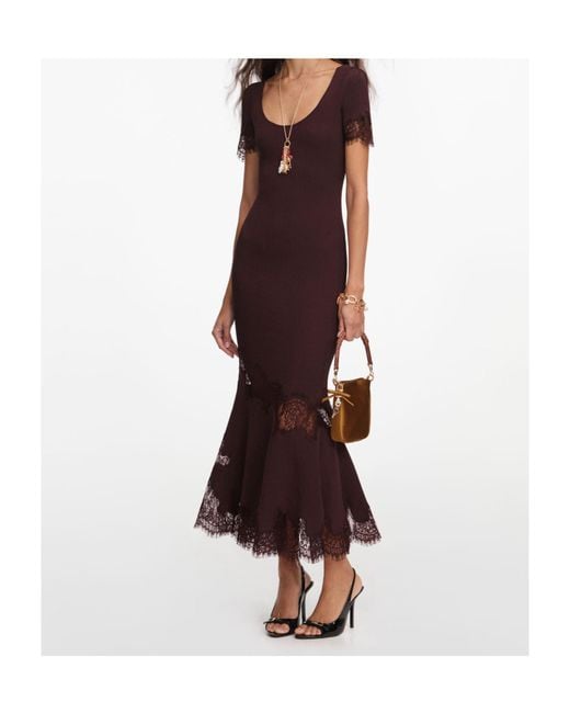 Self-Portrait Red Lace-Trim Ribbed Knitted Dress