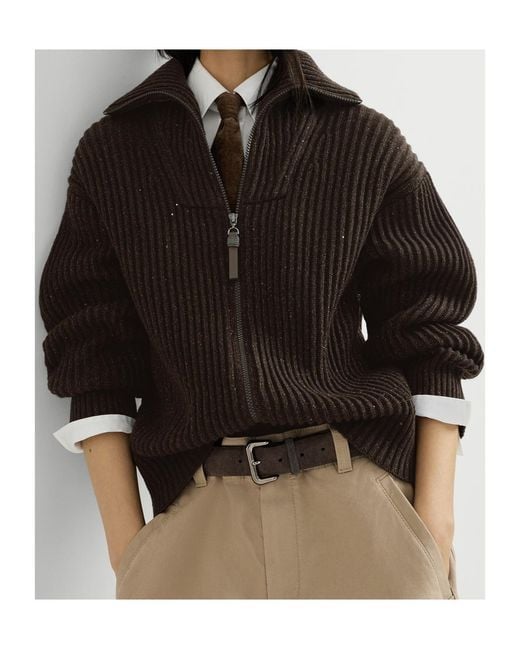 Brunello Cucinelli Black Sparkling Dazzling Cashmere And Wool Ribbed Cardigan With Shiny Zipper Pull