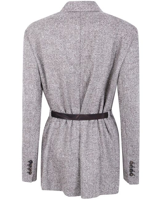 Brunello Cucinelli Gray Herringbone Belted Jacket