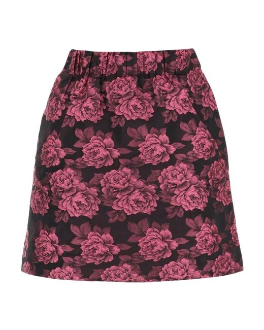 Ganni Red Botanical-Printed Straight Hem Skirt