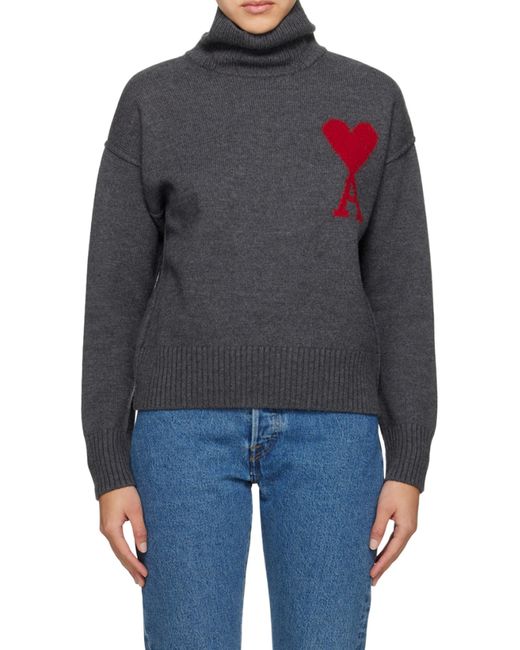AMI Gray Ami De Coeur Logo Intarsia Knitted Roll-Neck Jumper for men
