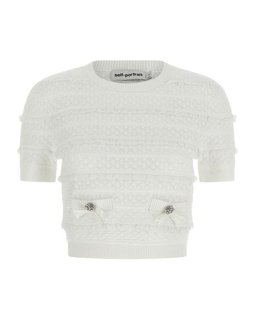 Self-Portrait White Pointelle Ruffled Knitted Top