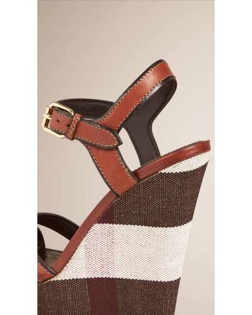 Burberry Brown Check Buckle Wedge Sandals