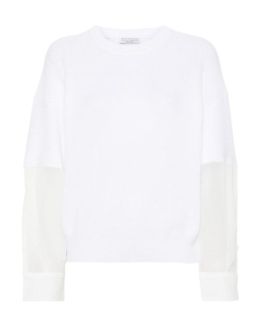 Brunello Cucinelli White Sheer-Panelled Crewneck Knitted Jumper