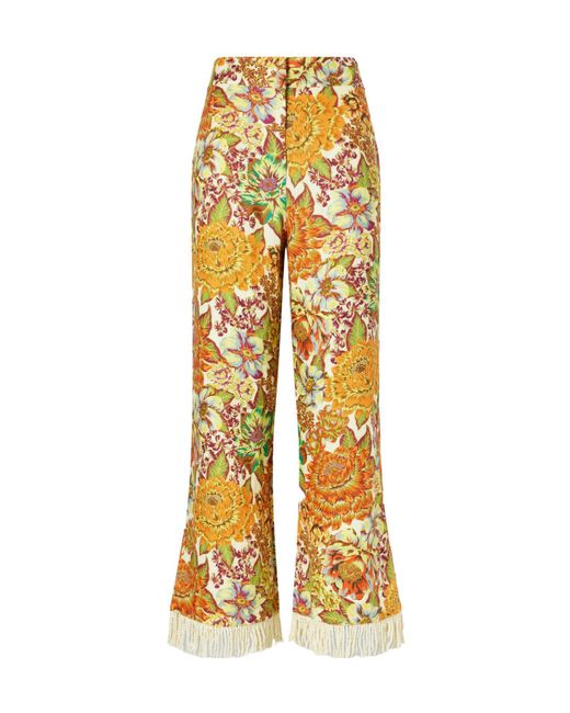 ALÉMAIS Yellow Fringed Floral-Print Linen Flared Pants