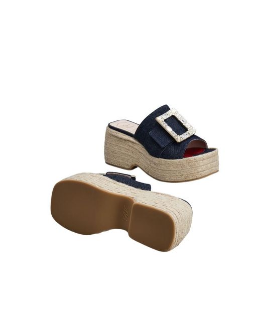 Roger Vivier Blue Strass Buckle Espadrille Platform Mule