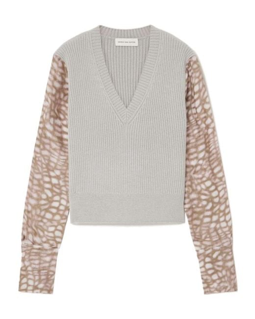 Dries Van Noten Gray Ribbed-Knit And Printed Satin Sweater