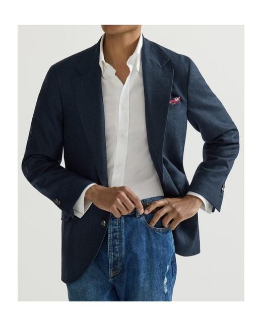 Brunello Cucinelli Blue Mouliné Virgin-Wool Twill Deconstructed Cavallo Blazer With Metal Buttons for men