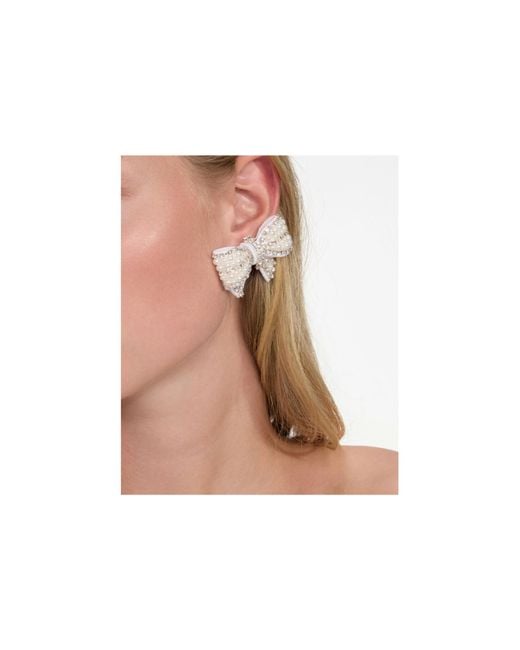 Self-Portrait White Embellished Satin Bow Earrings
