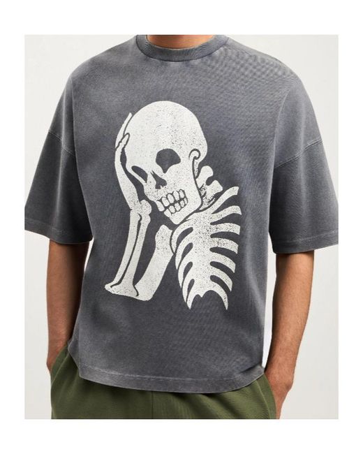 Palm Angels Gray Skull-Print Washed T-Shirt for men
