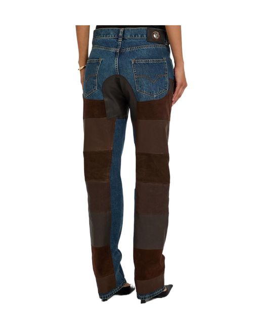 Versace Blue Leather And Suede Patchwork Straight-Leg Jeans