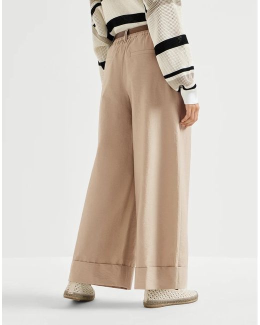 Brunello Cucinelli Natural Techno Cotton Poplin Boxy Pleated Trousers With Monili