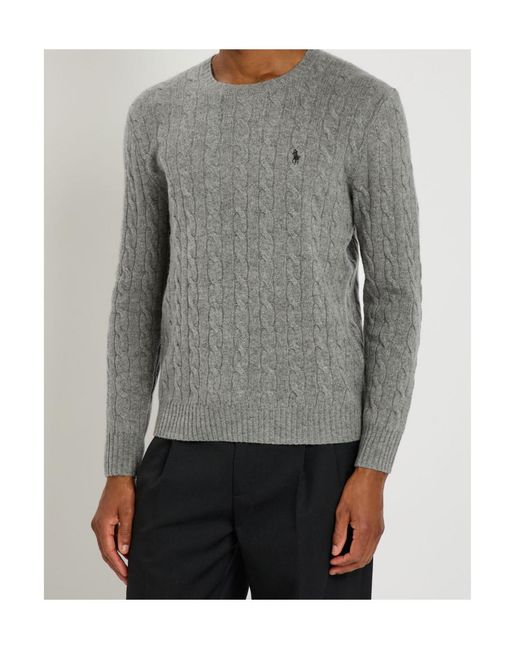 Polo Ralph Lauren Gray Cable Knit Wool-Cashmere Blend Sweater With Logo for men