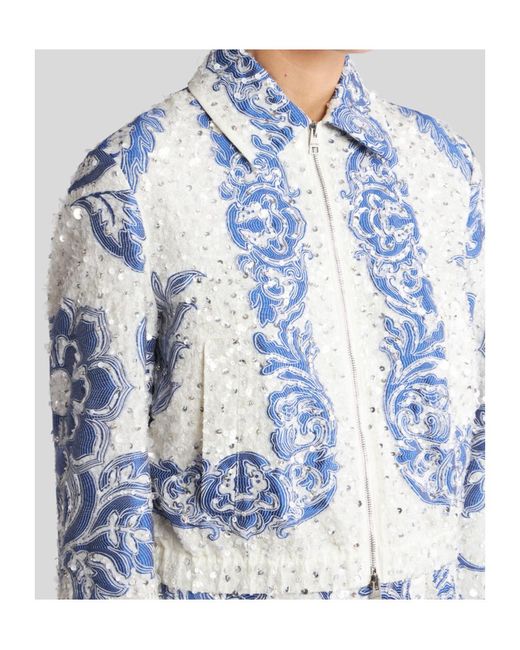 Etro Blue Cropped Bomber Jacket With Sequin Embroidery