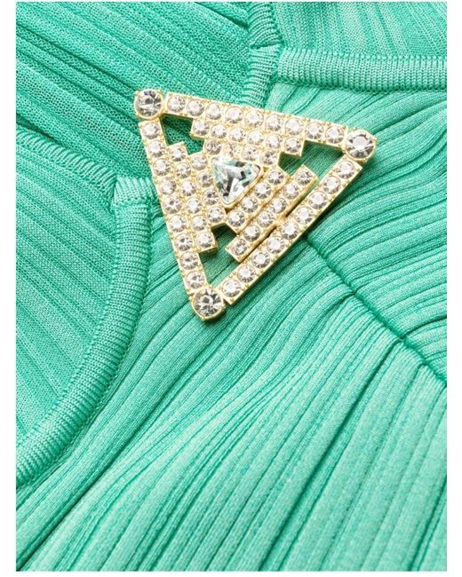 Balmain Green Embellished Pleated Halterneck Gown
