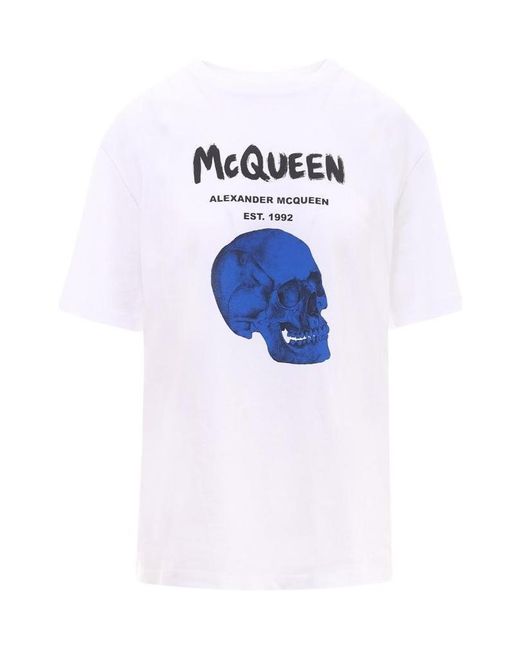 McQueen Blue Skull-Print Logo T-Shirt