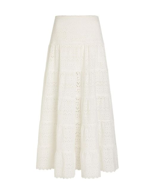 Rixo White Embroidered Cotton Midi Skirt