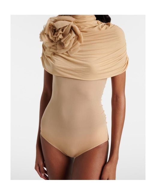 Magda Butrym Natural Floral-Appliqué Caped Jersey Bodysuit