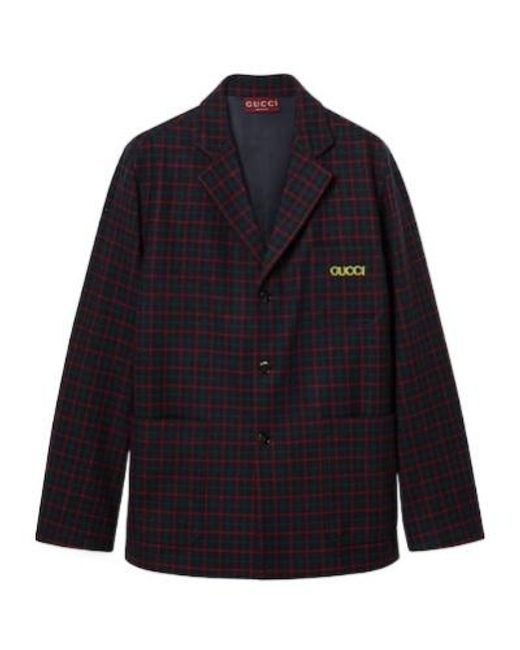 Gucci Blue Embroidered Check Wool Flannel Jacket for men