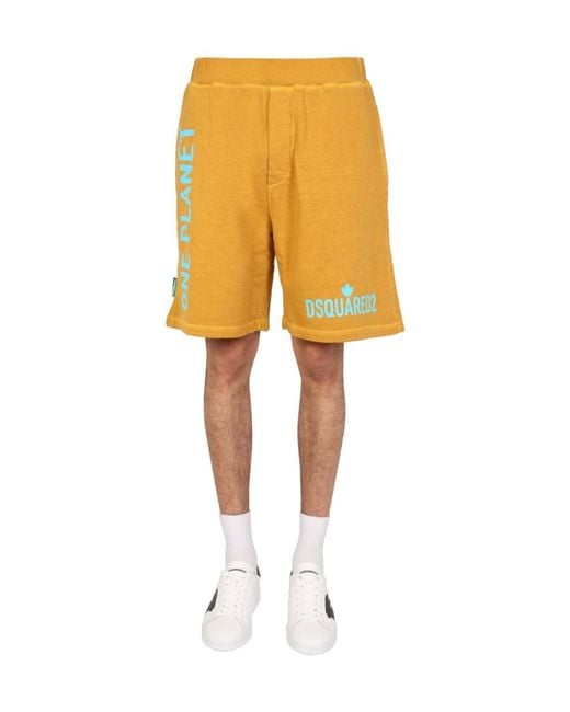 DSquared² Yellow Logo Printed Bermuda Shorts for men