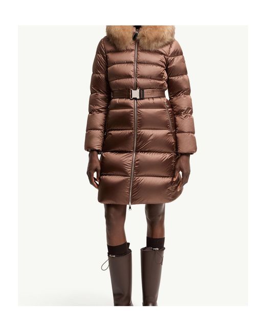 Moncler Brown Leersies Shearling Trimmed Hooded Long Down Coat